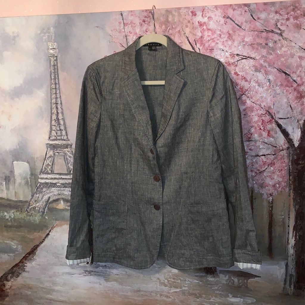 Theory Grey Linen Blend 3 Button Blazer Jacket Euc Sz 6